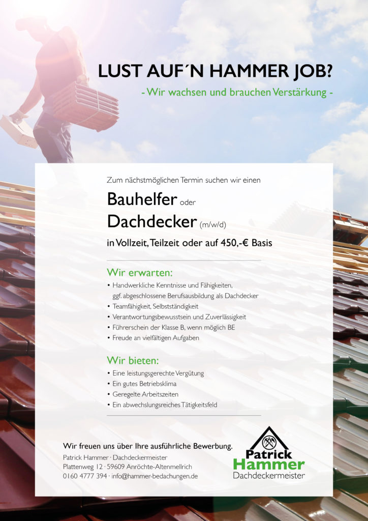 Bauhelfer oder Dachdecker (m/w/d( in Vollzeit, Teilzeit oder auf 450,-€ Basis gesucht.